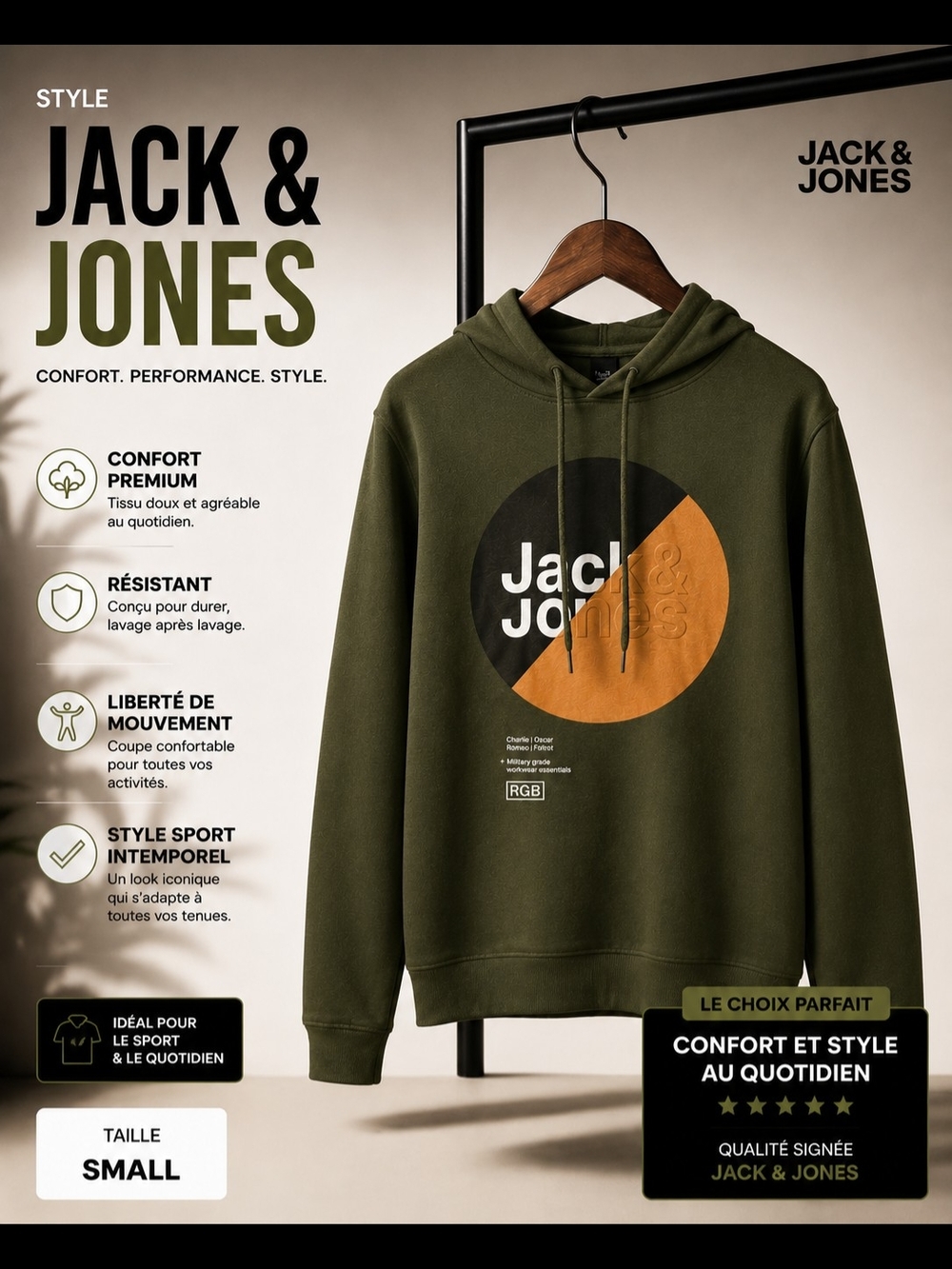 Jack & Jones Olive Green Hoodie with Black & Orange Graphic